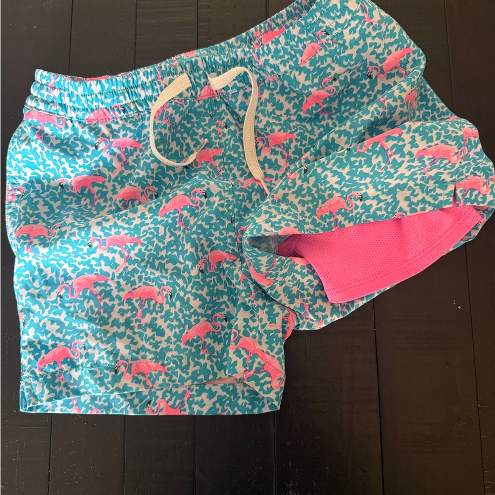 Chubbies Kids' Aqua and Pink flamingo swim trunks